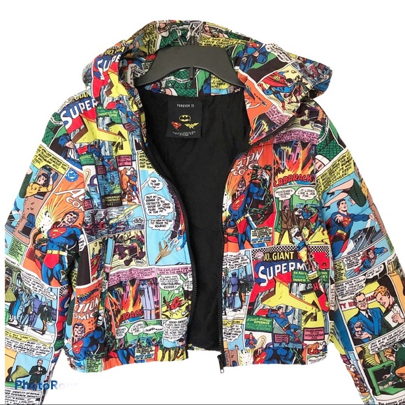 Superman Comic Print Puffer Jacket Size 